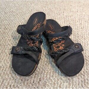 Aetrex Janey Braided Sandals Slide Womens 7 Black Leather Comfort Strappy